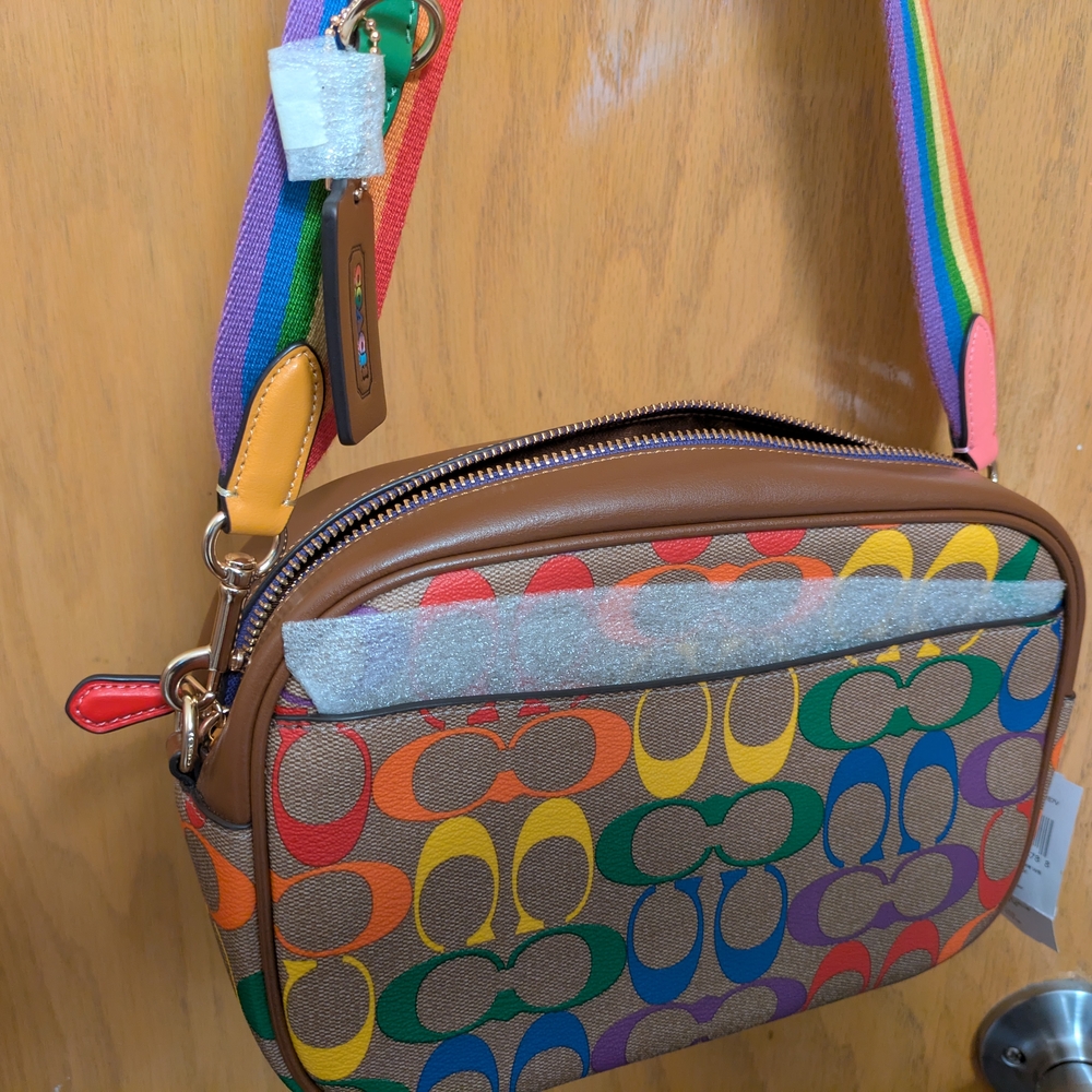 Coach Rainbow Signature Canvas Crossbody Bag - Multicolor with Brown Trim